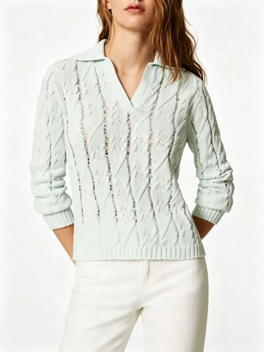 Zara Old Money V-Neck Cable Knit Sweater Long Sleeve Slim Fit Fall Winter